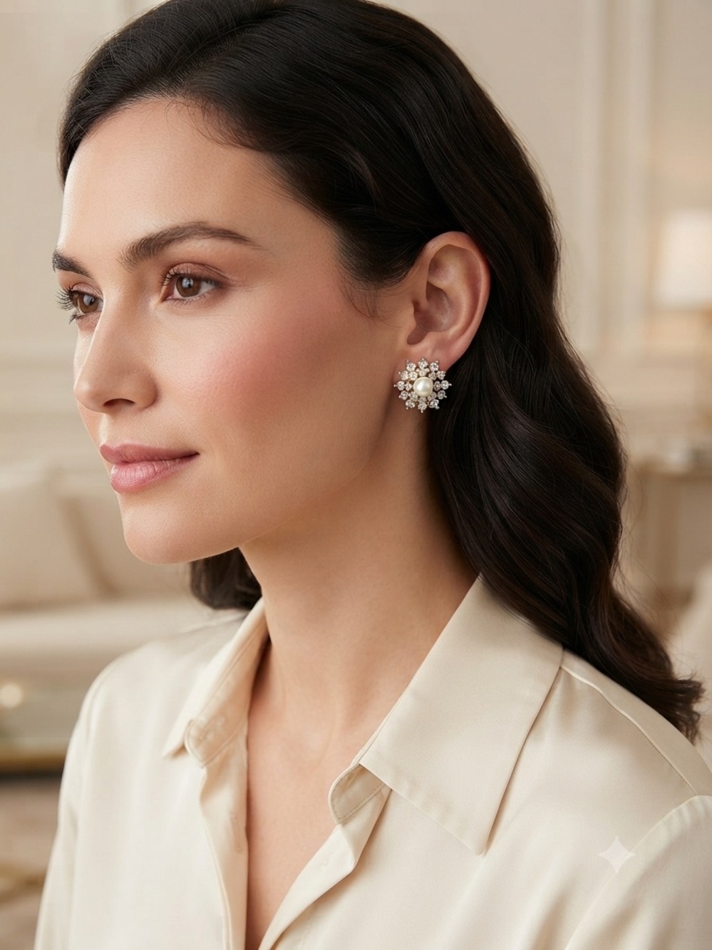 Pearl and Gold Floral Cluster Clip-On Earrings